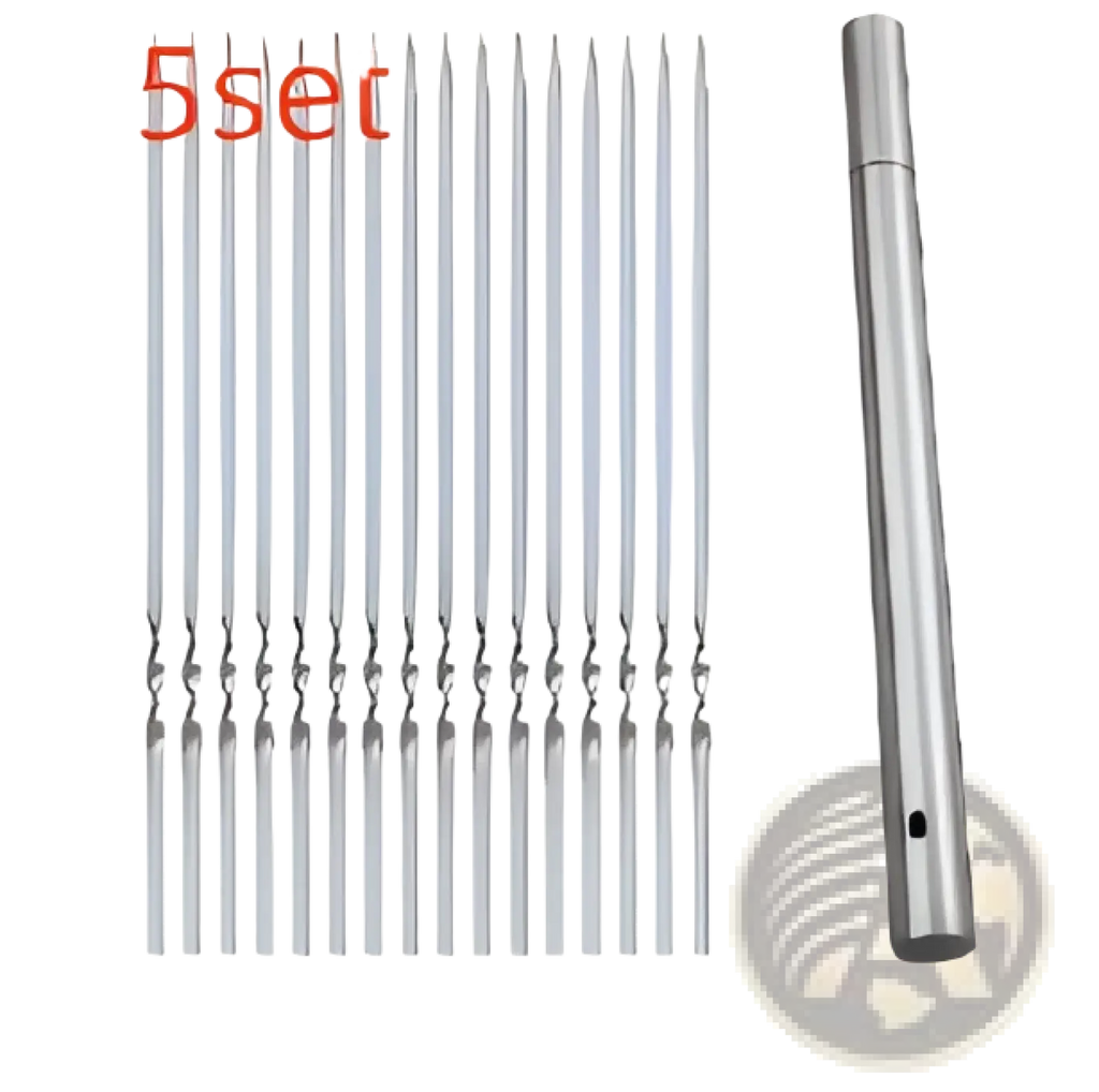 Set of 30 stainless steel skewers with matching metal handle for grilling included in charcoal grill set