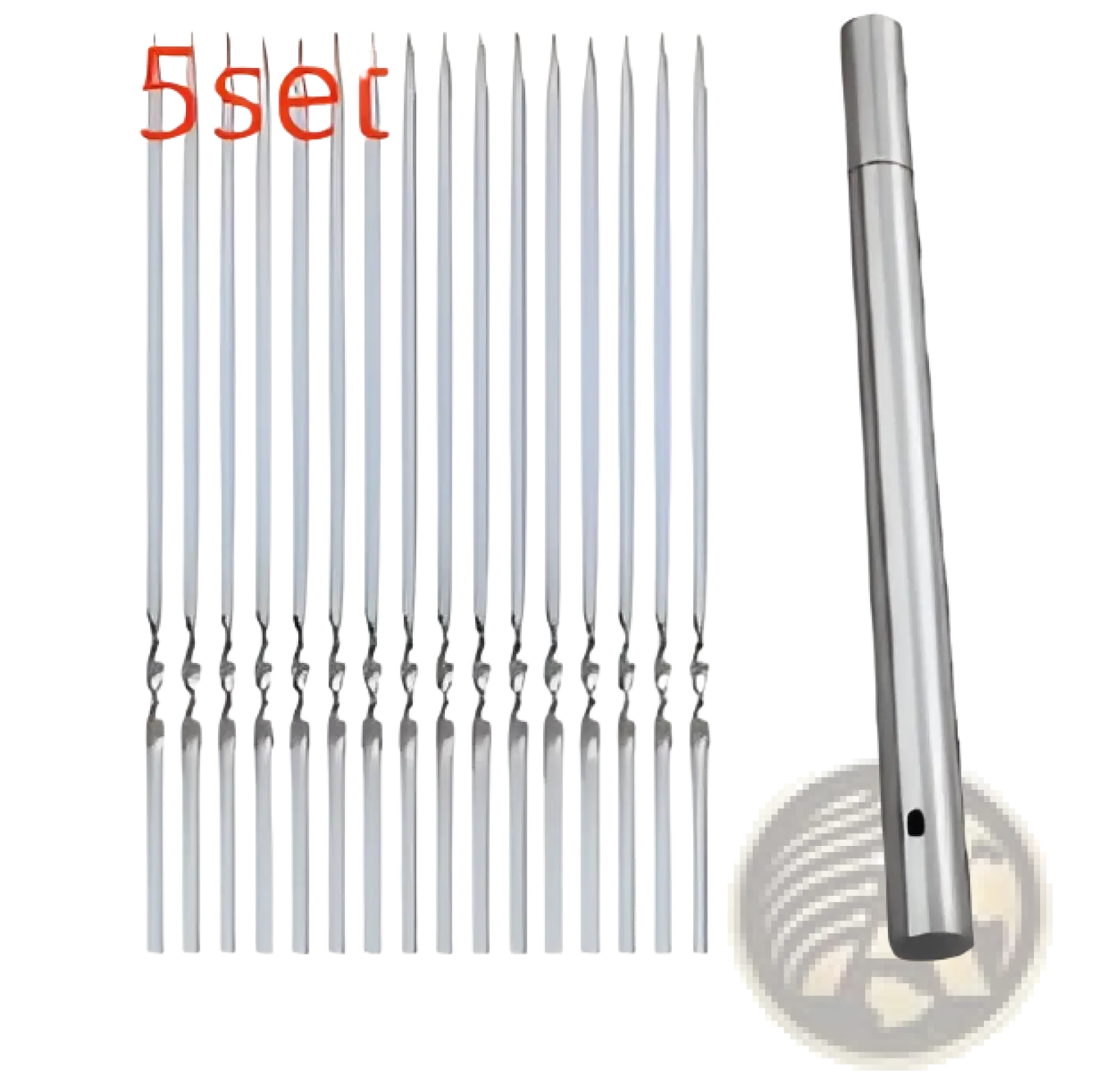 Set of 30 stainless steel skewers with matching metal handle for grilling included in charcoal grill set