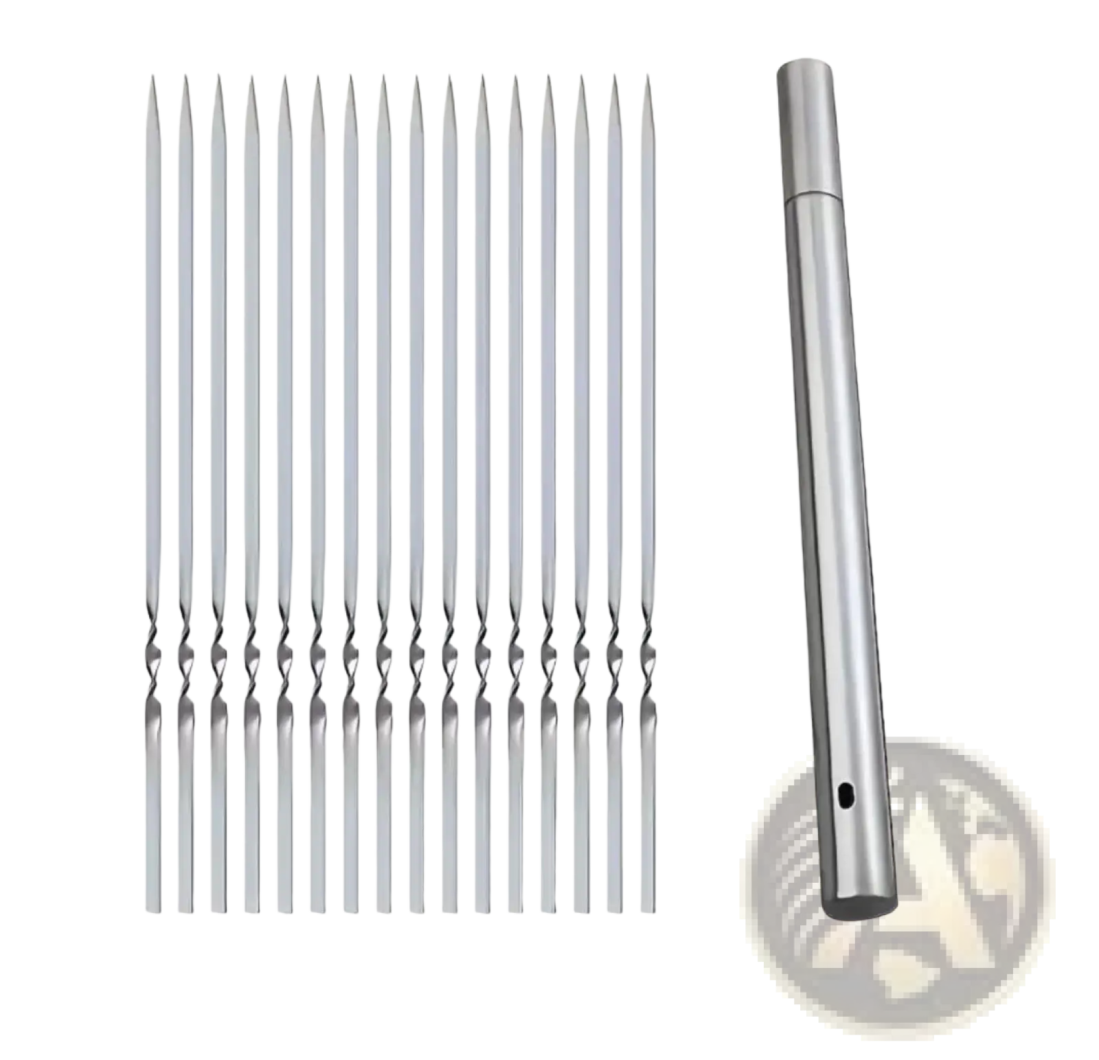Charcoal grill set with 30 stainless steel skewers featuring spiral ends and a matching cylindrical storage tube