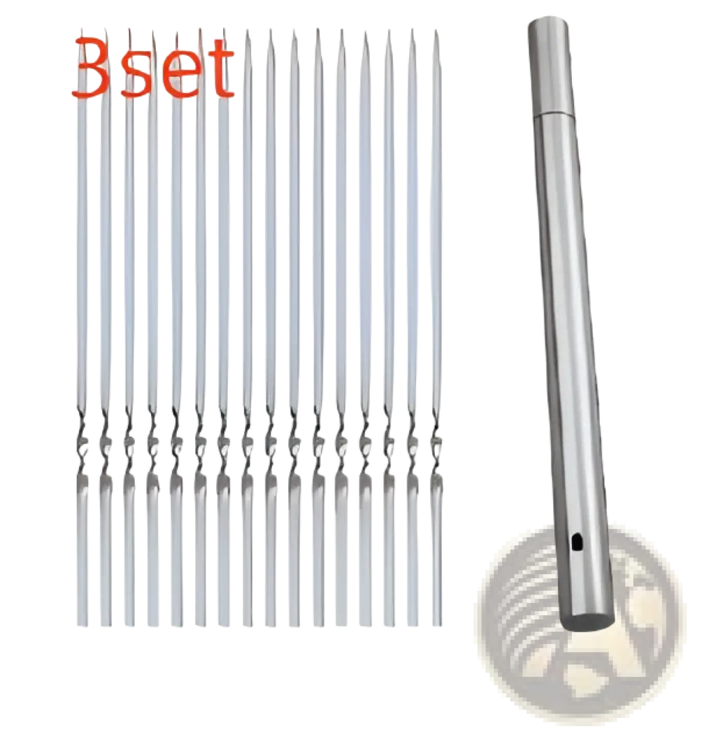 Silver metal charcoal grill skewers set with 30 stainless steel skewers and one cylindrical handle for grilling