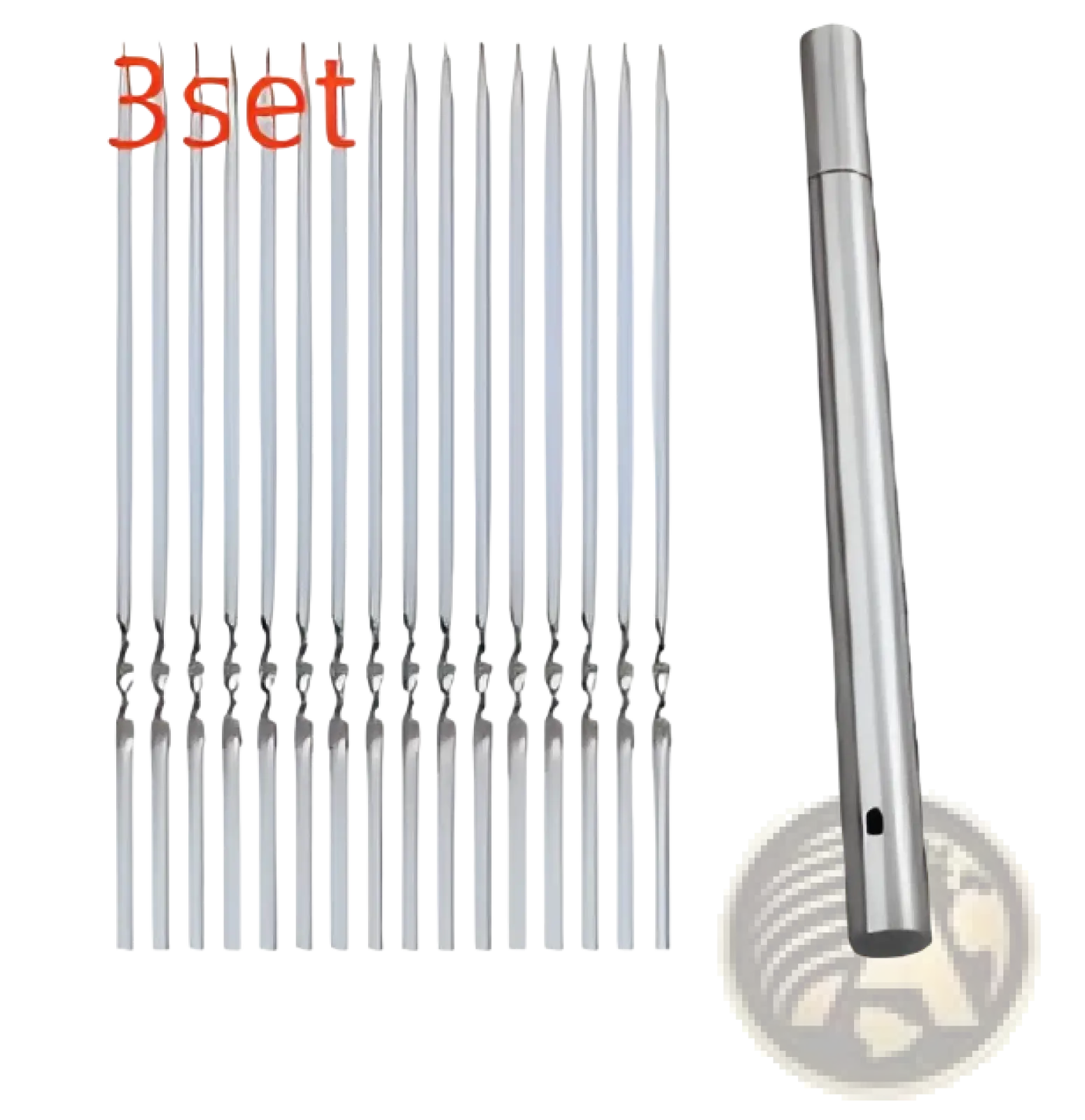 Silver metal charcoal grill skewers set with 30 stainless steel skewers and one cylindrical handle for grilling