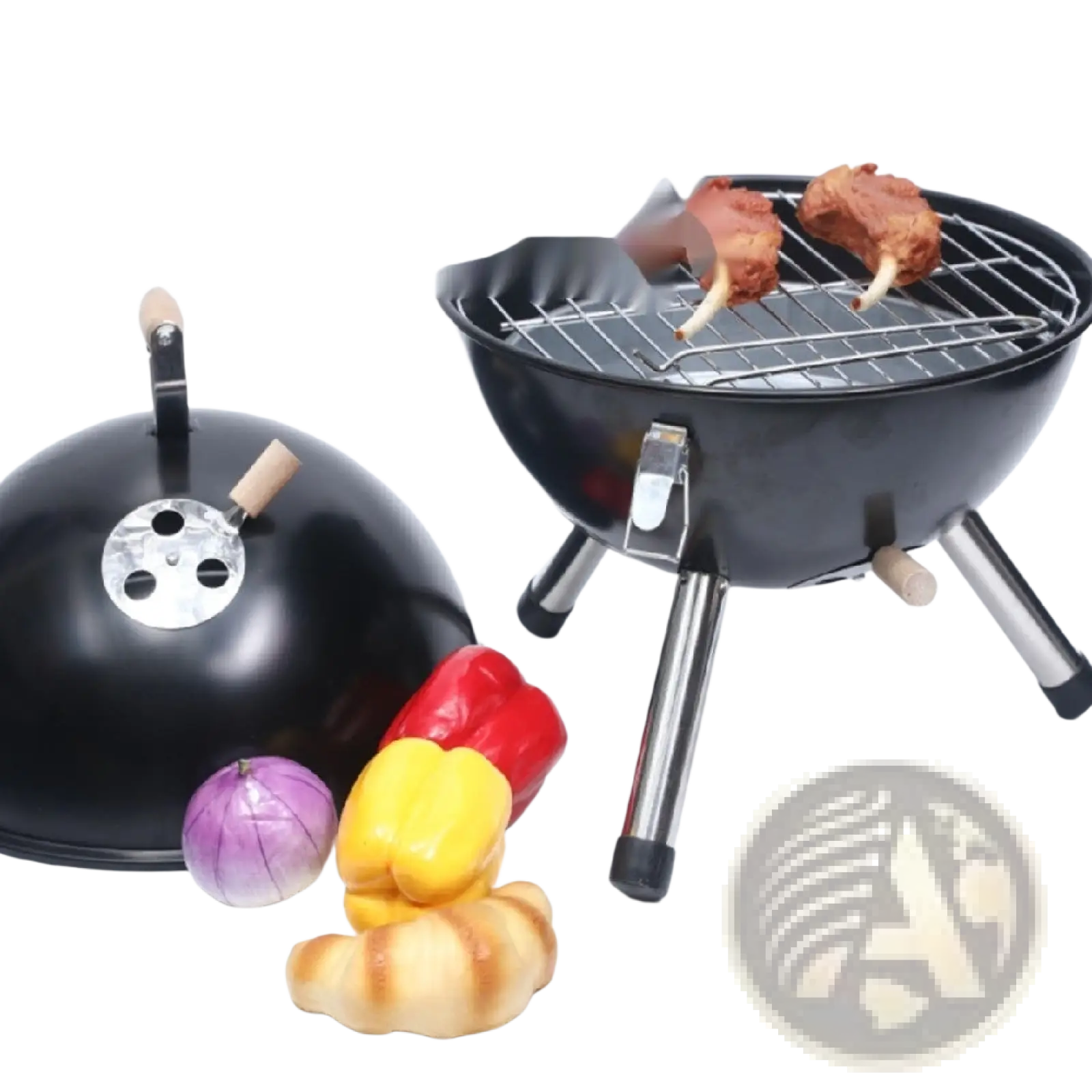Black portable charcoal grill with stainless steel legs and lid ventilation paired with 30 stainless steel skewers set