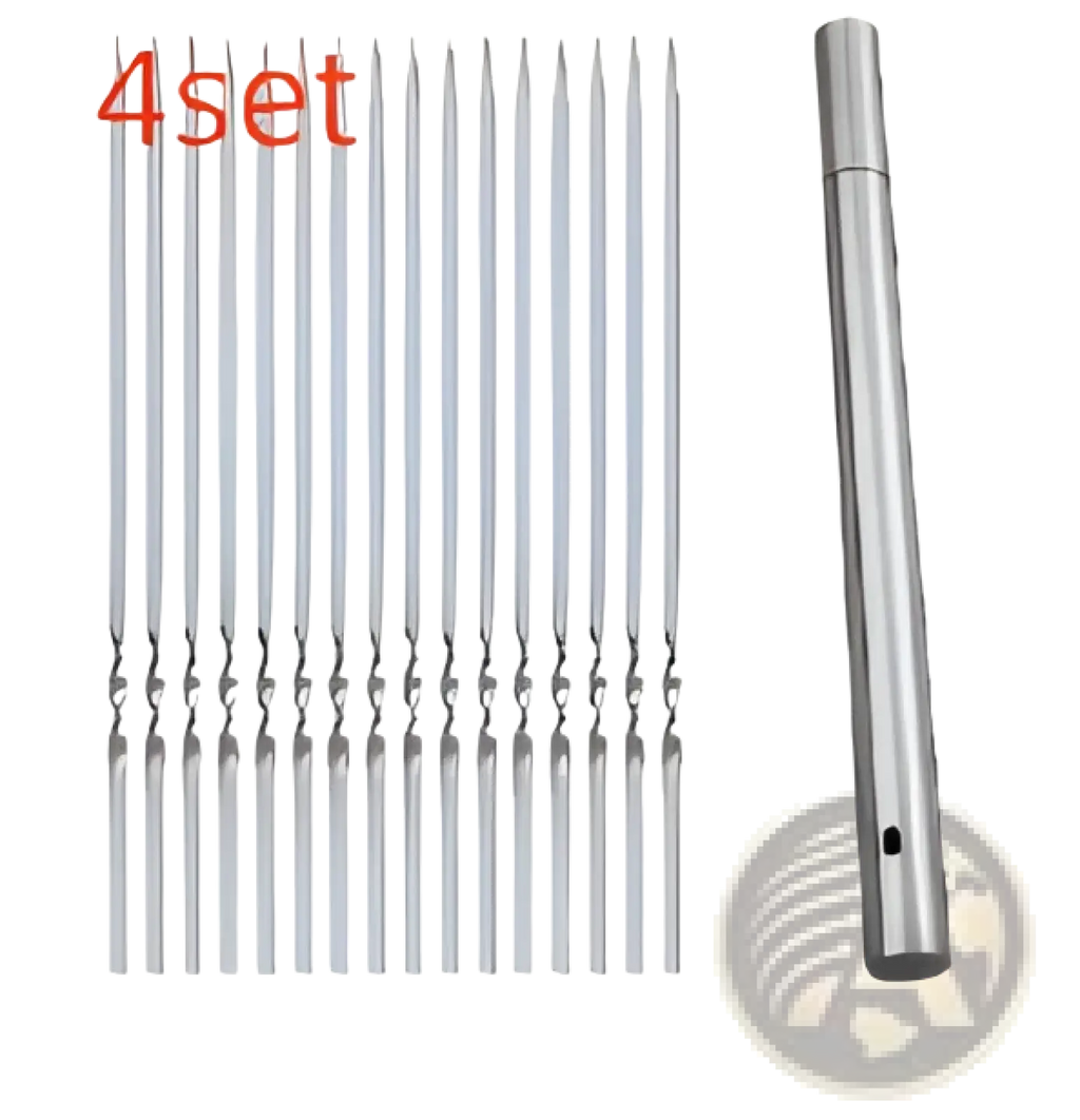 Set of 30 stainless steel skewers with matching metal handle for grilling in charcoal grill skewers set