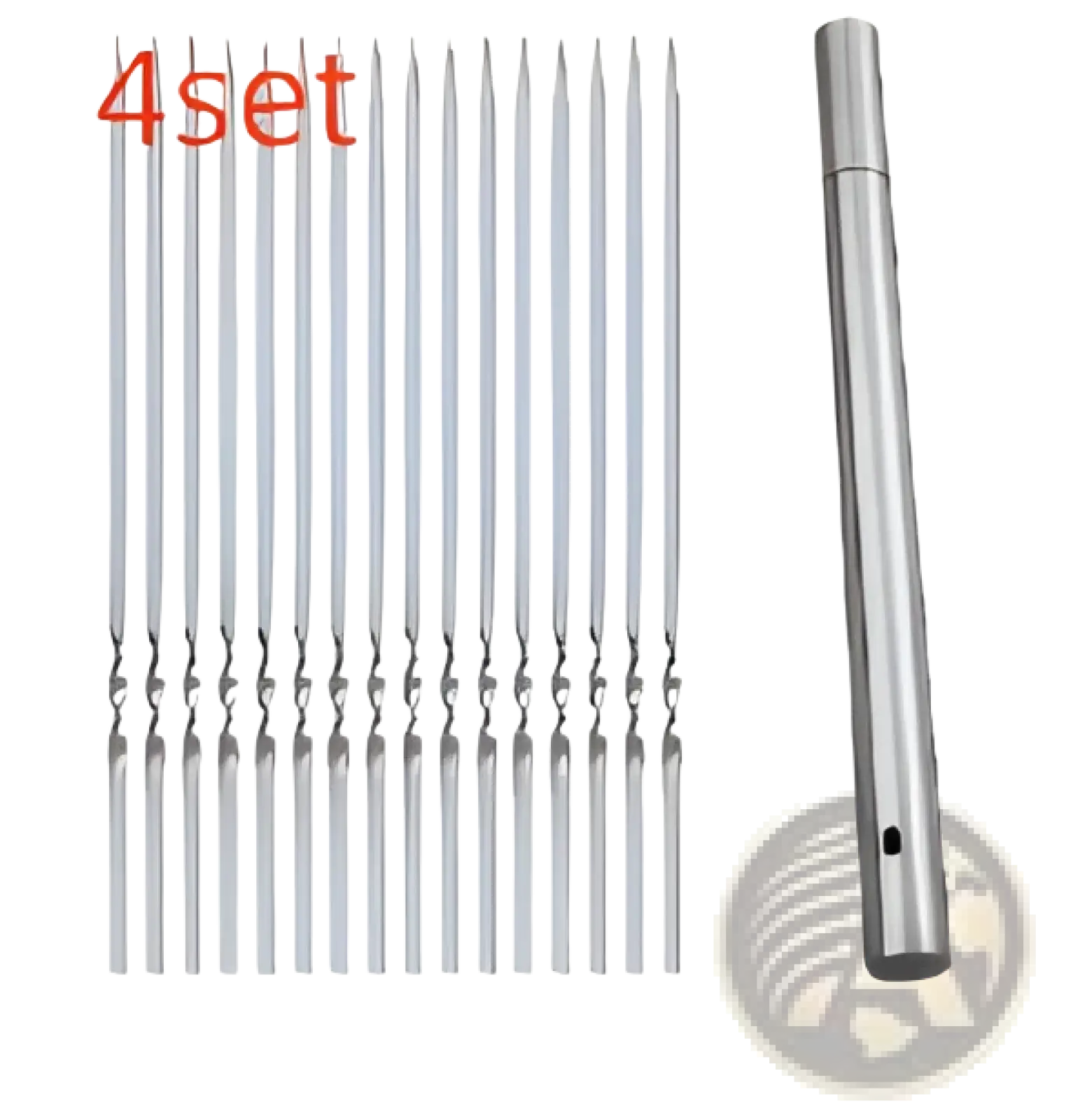 Set of 30 stainless steel skewers with matching metal handle for grilling in charcoal grill skewers set