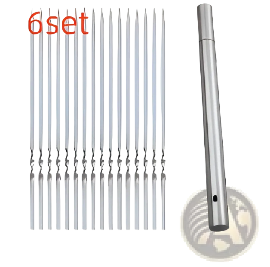Set of 30 stainless steel skewers with matching cylindrical metal handle for charcoal grill use in silver color