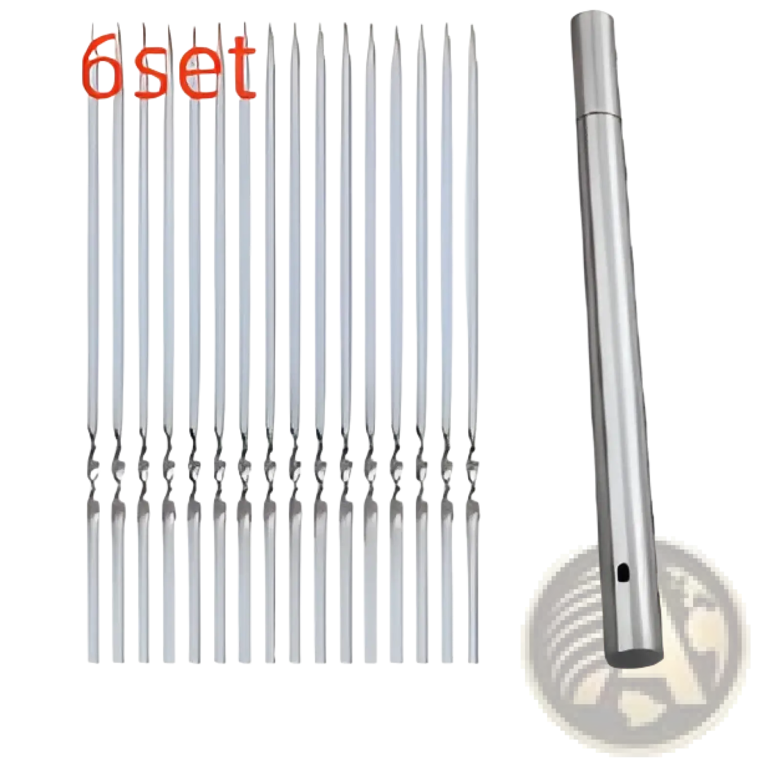 Set of 30 stainless steel skewers with matching cylindrical metal handle for charcoal grill use in silver color