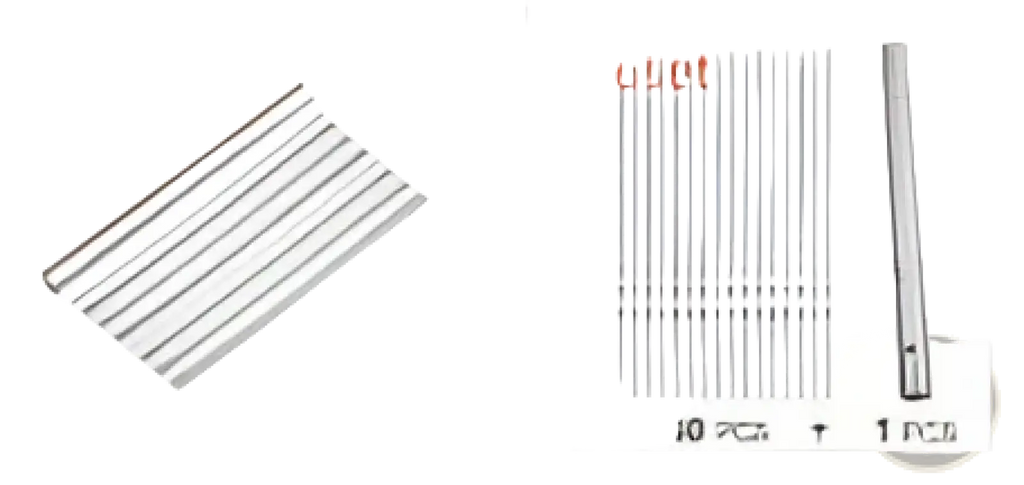 A set of 30 silver stainless steel sewing needles neatly arranged in a compact package with one extra needle included