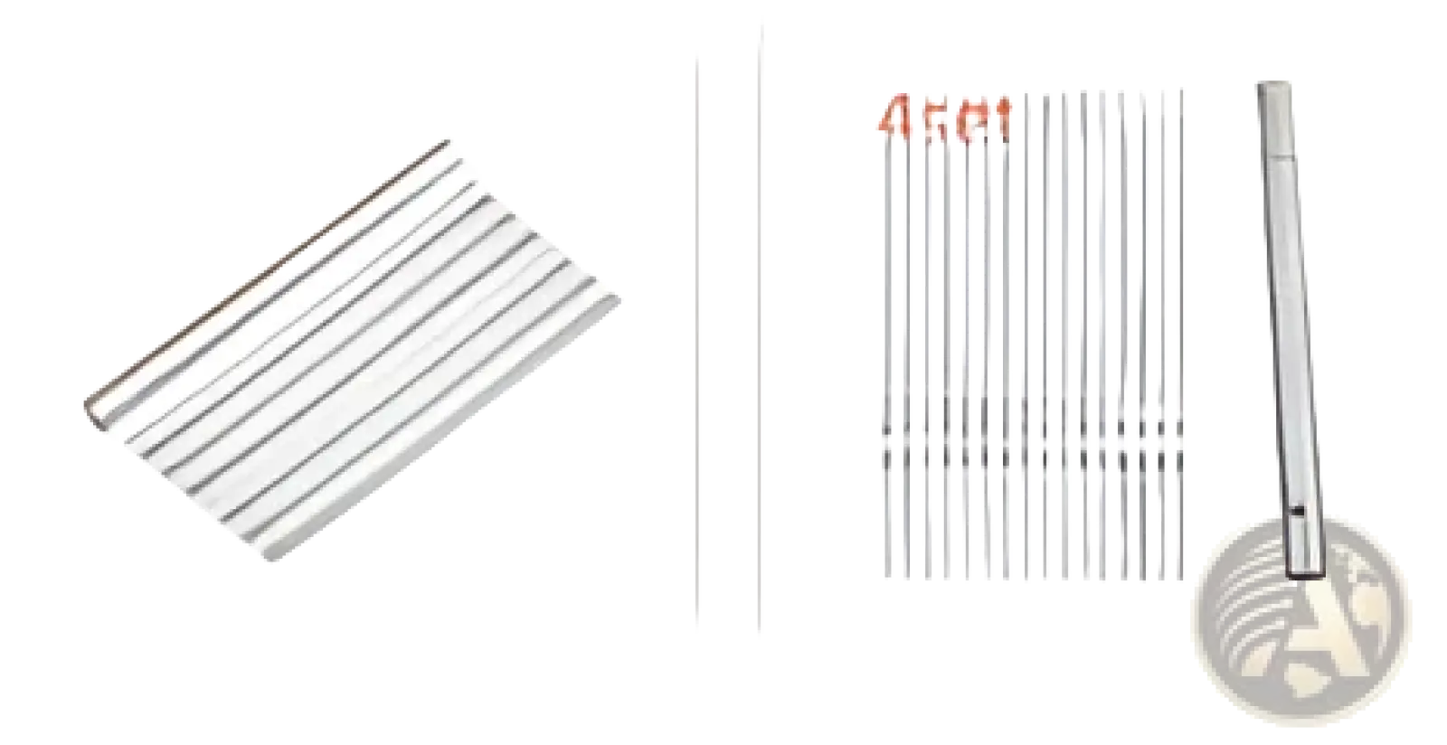 Silver metal needle set of 30 fine needles and one larger needle in clear plastic sleeve for charcoal grill skewers