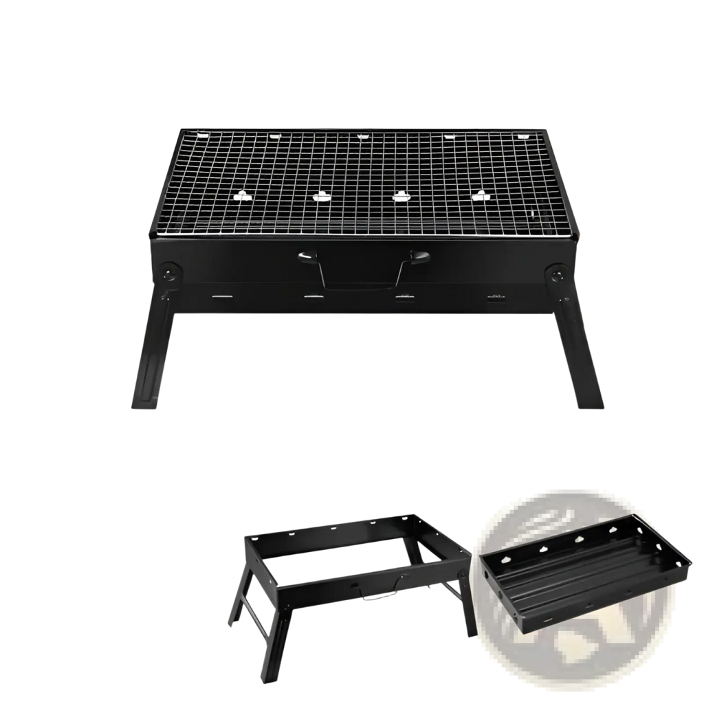 Black foldable charcoal grill with mesh cooking grate and side storage tray for portable smoking and grilling