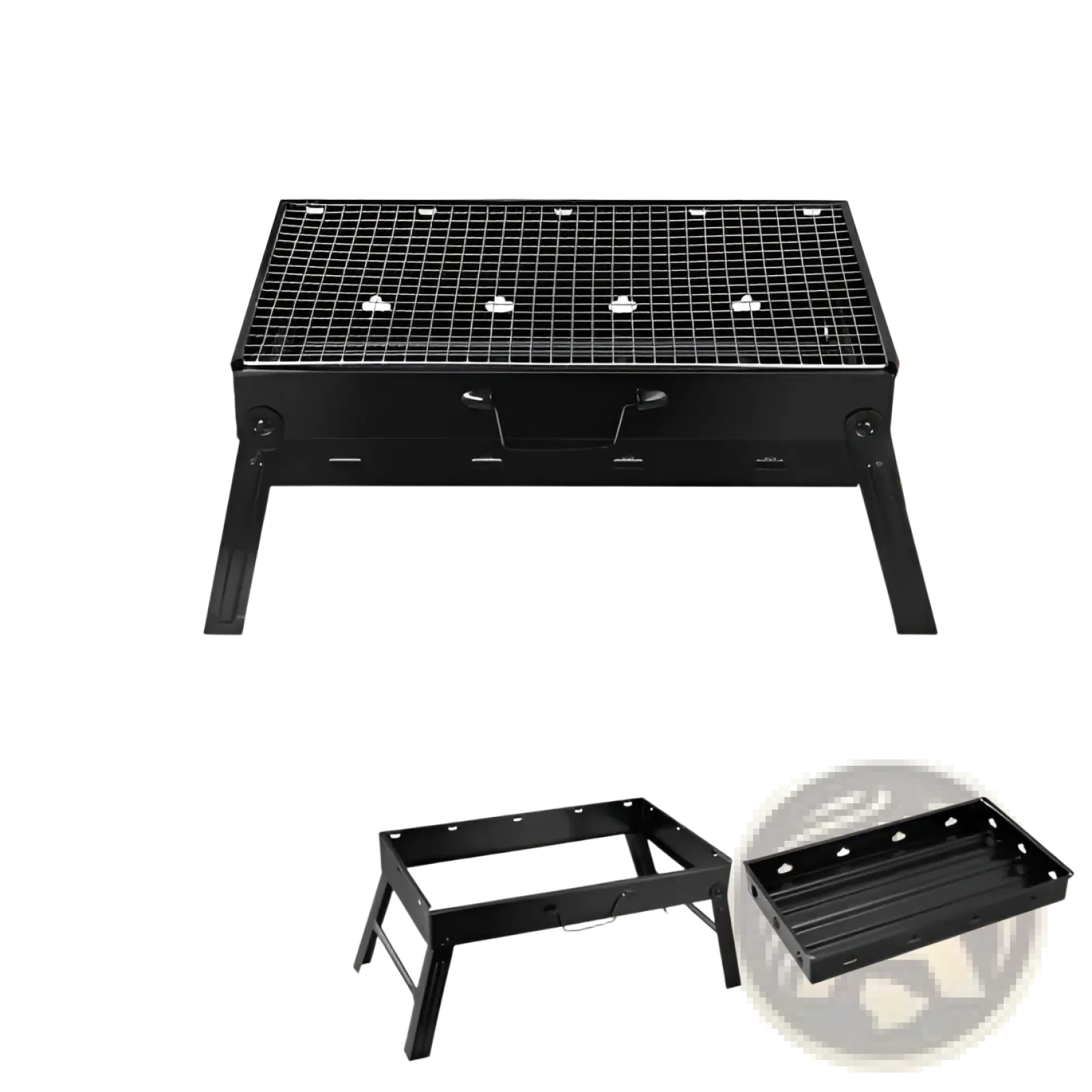 Black foldable charcoal grill with mesh cooking grate and side storage tray for portable smoking and grilling