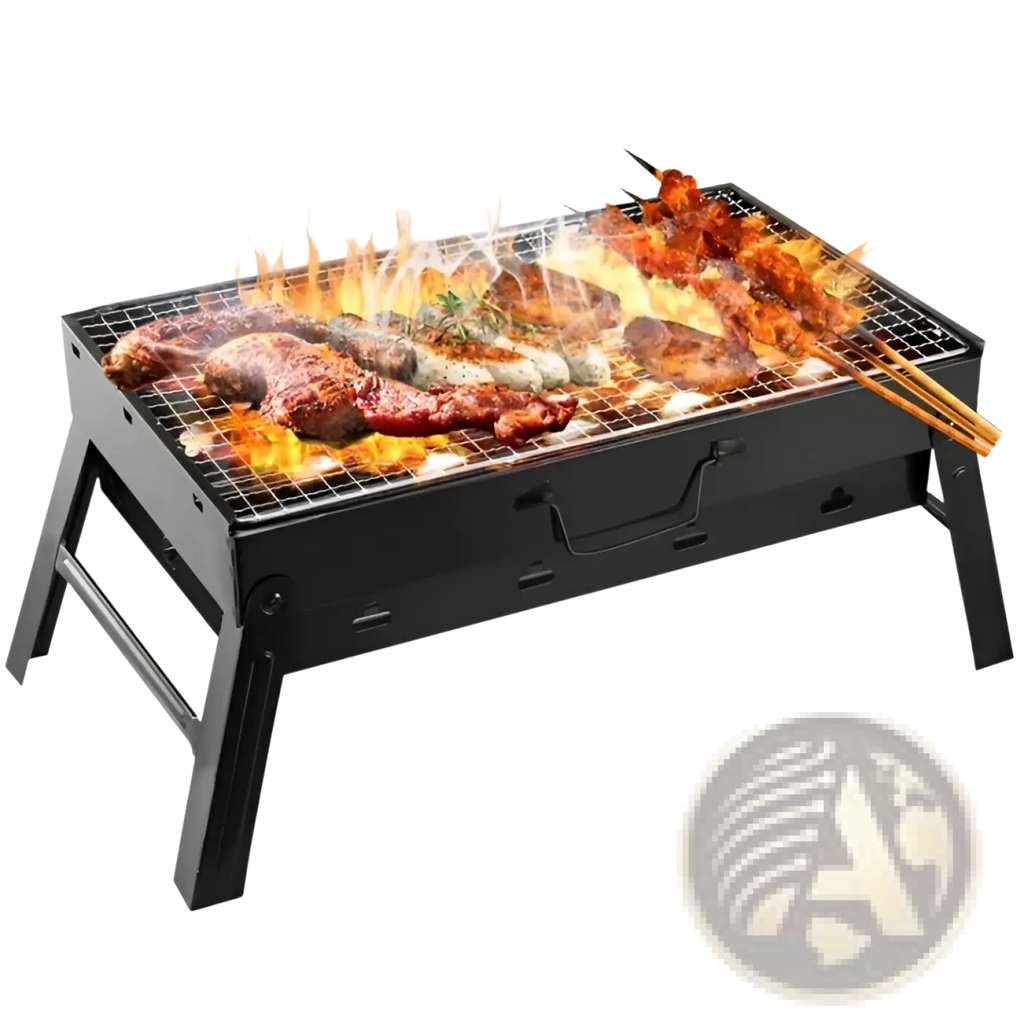 Black foldable portable charcoal grill with wire mesh cooking surface sturdy legs and handle for easy transport