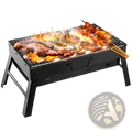 Black foldable portable charcoal grill with wire mesh cooking surface sturdy legs and handle for easy transport