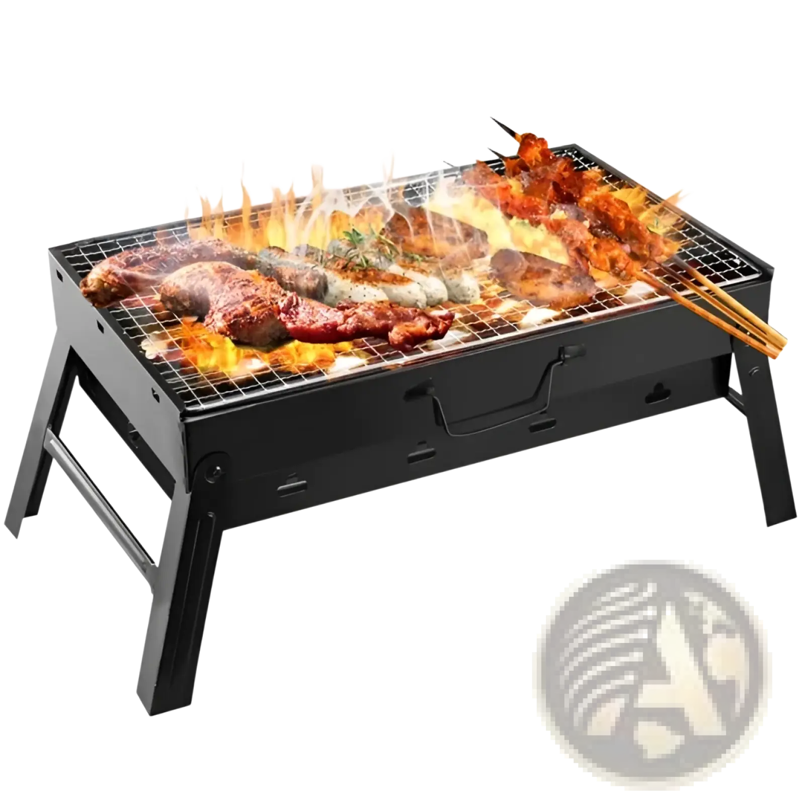 Black foldable portable charcoal grill with wire mesh cooking surface sturdy legs and handle for easy transport