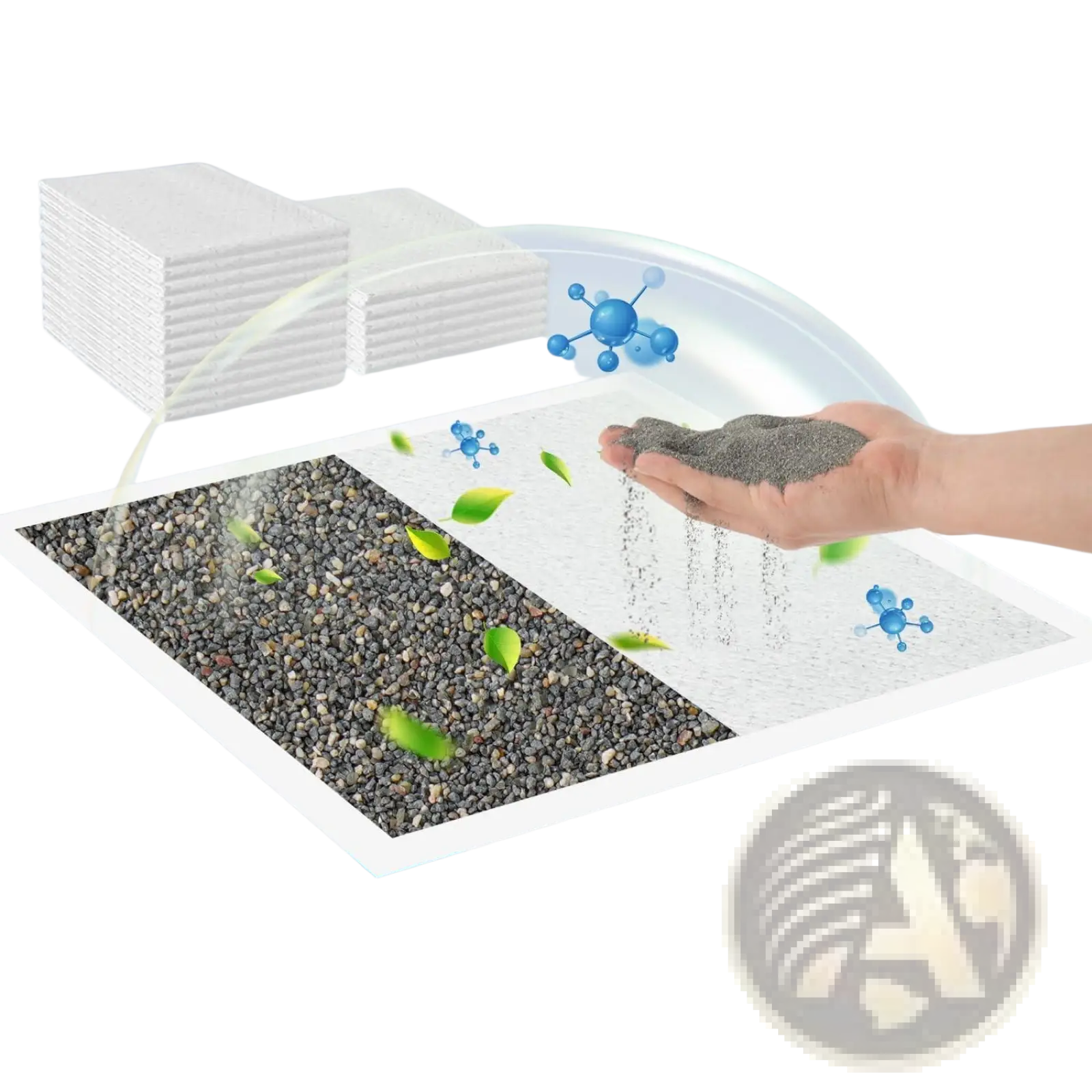 White rectangular charcoal pet training pads with odor-control polymer sheets featuring gray carbon granules and green leaves