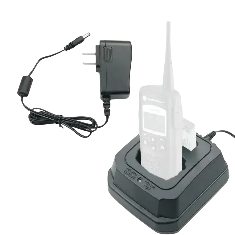 Black Motorola charger base with integrated power adapter and cord for dtr620 dtr650 radios charging