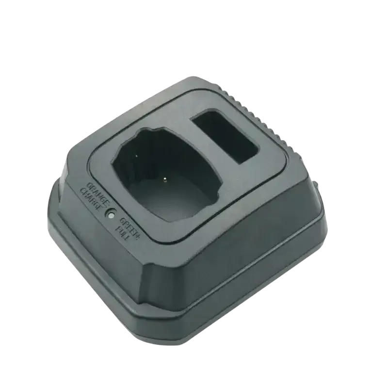 Black plastic charger base for dtr620 dtr650 radios with rectangular slot and led indicators for charge status