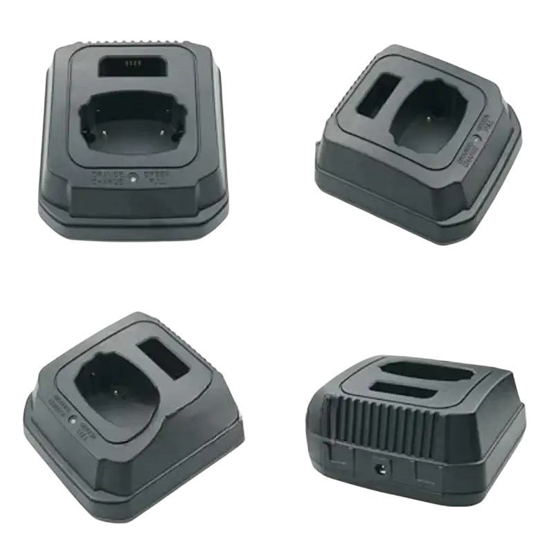 Black plastic dual-slot charger base with textured grips for secure placement of dtr620 dtr650 radios