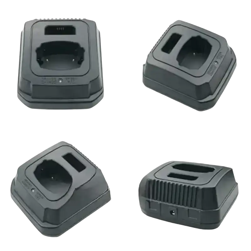 Black plastic dual-socket charger base for dtr620 dtr650 radios designed to charge two walkie-talkies simultaneously