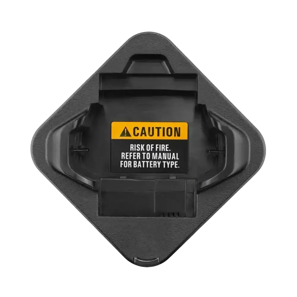 Black diamond-shaped charger base for motorola sl300e sl3500e with yellow caution label warning of fire risk