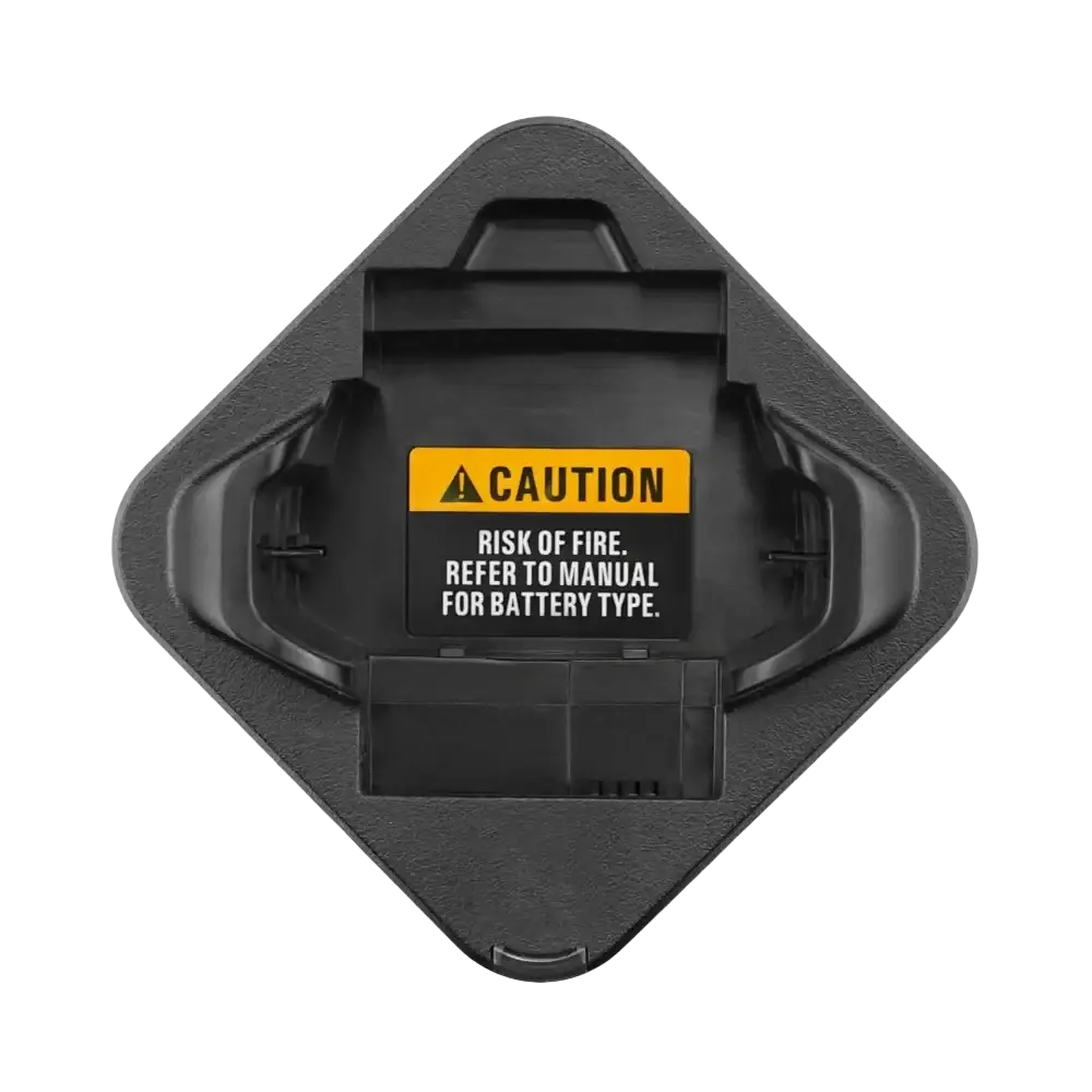 Black diamond-shaped battery holder with caution label for fire risk in charger base for sl300e sl3500e sl1m models