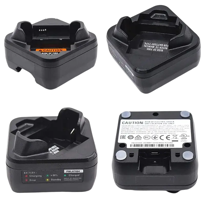 Black plastic charger base with molded grip and status lights for motorola sl300e sl3500e sl1m radios