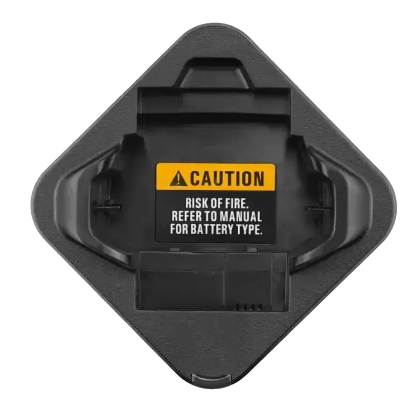 Black plastic charger base for motorola sl300e sl3500e with yellow and black caution label visible on front side