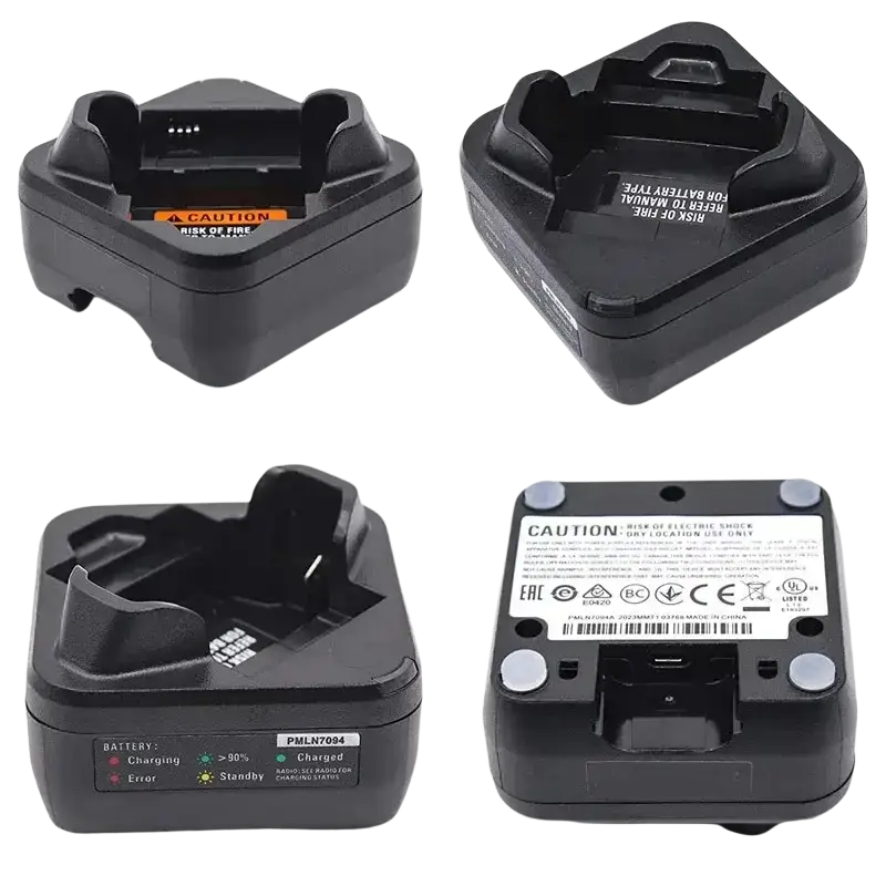 Black plastic charger base with molded grips and status indicators for motorola sl300e and sl3500e radios