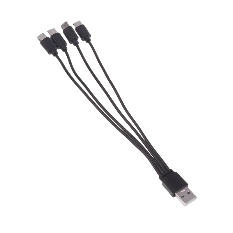 Black usb-a to four usb-c charger cable 20cm long for fast charging in 4 in 1 charging cable set
