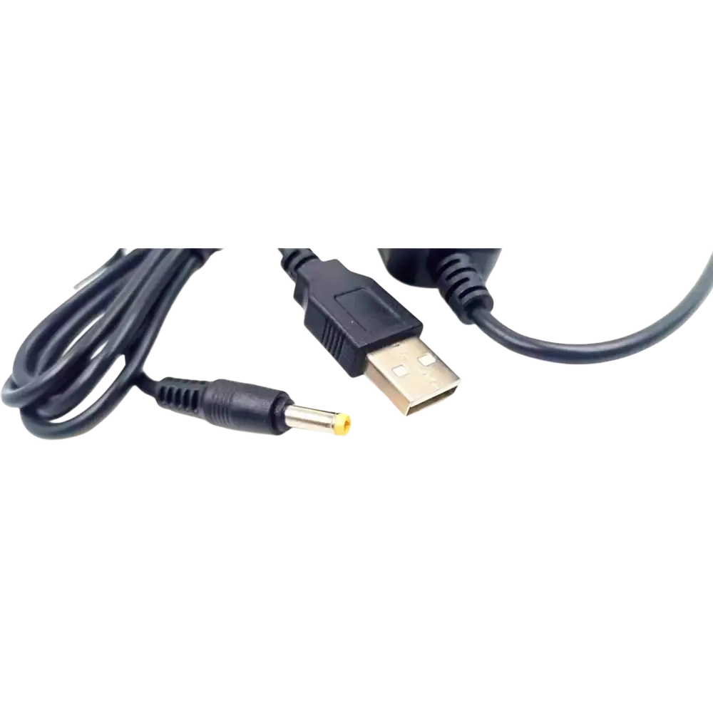 Black usb-to-dc charging cable with yellow barrel jack for yaesu vx series radios featuring usb-a connector