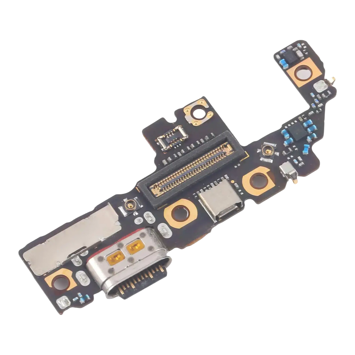 Black charging port board for motorola razr 40 with silver usb-c port and gold connectors featuring electronic components