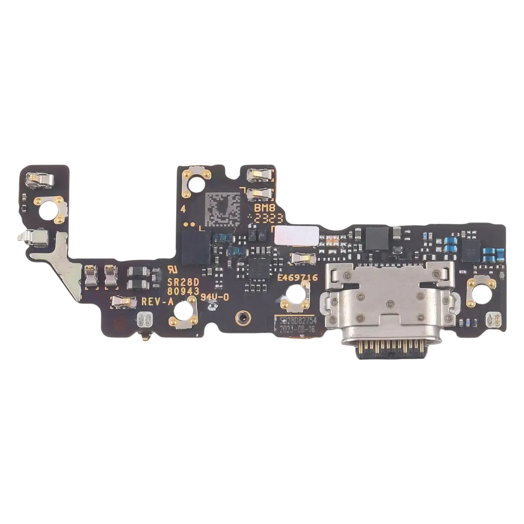 Black circuit board charging port board with silver usb-c port and gold solder points for motorola razr 40 gen