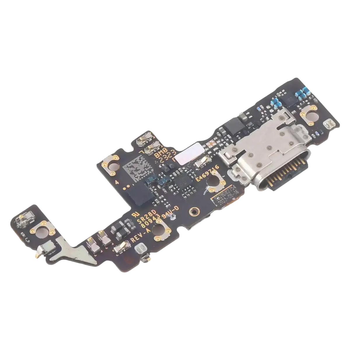 Black circuit board charging port board for motorola razr 40 with silver usb-c port and gold-colored solder points