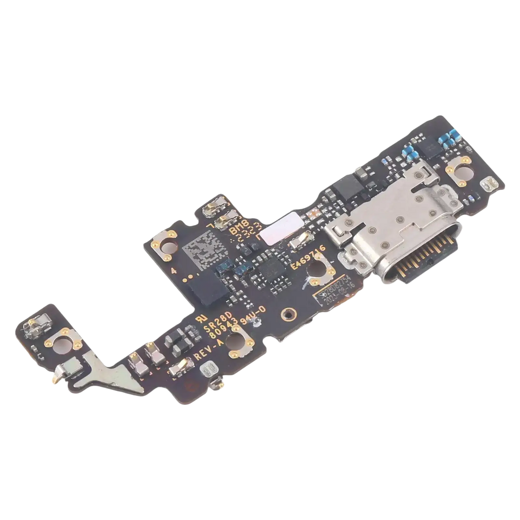 Black circuit board charging port board with silver usb-c port and gold solder points for motorola razr 40 gen