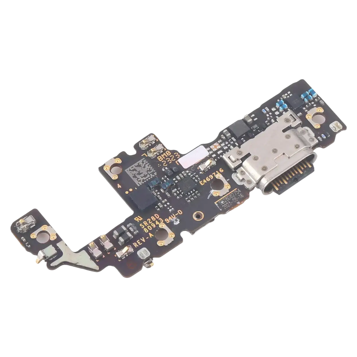 Black circuit board charging port board with silver usb-c port and gold solder points for motorola razr 40 gen