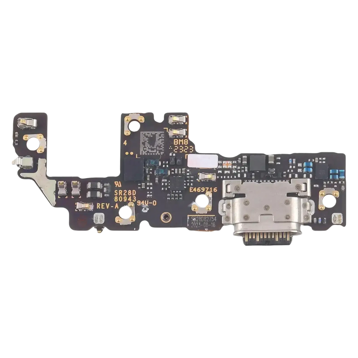 Silver USB-C charging port board for Motorola Razr 40 with black circuit board and gold-plated contacts charging port assembly