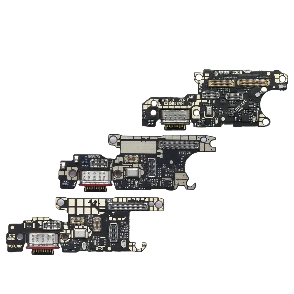 Black charging port flex cable with gold and silver connectors and printed labels for huawei pura 70 mate 60 charger dock