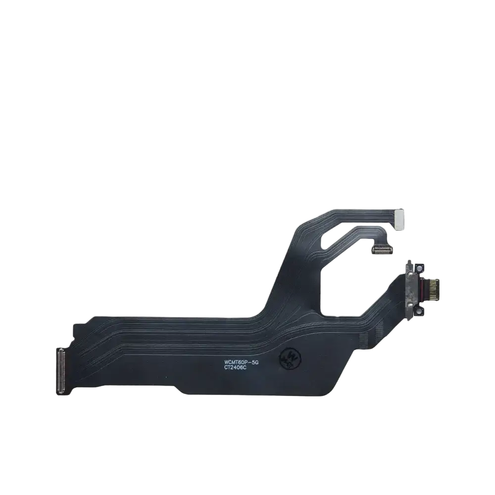 Black flexible charging port flex cable with metallic connectors and printed identifiers for huawei pura 70 mate 60 charger dock