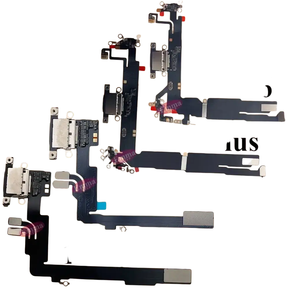 Black flexible charging port flex cable for iphone 16 pro max with silver connectors and electronic components