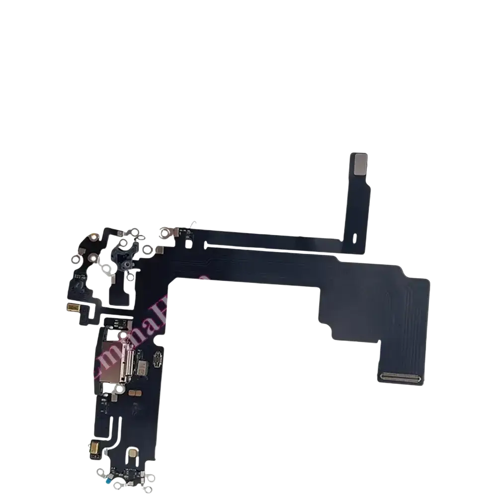 Black flexible charging port flex cable with metallic connectors and solder points for Iphone 16 Pro Max