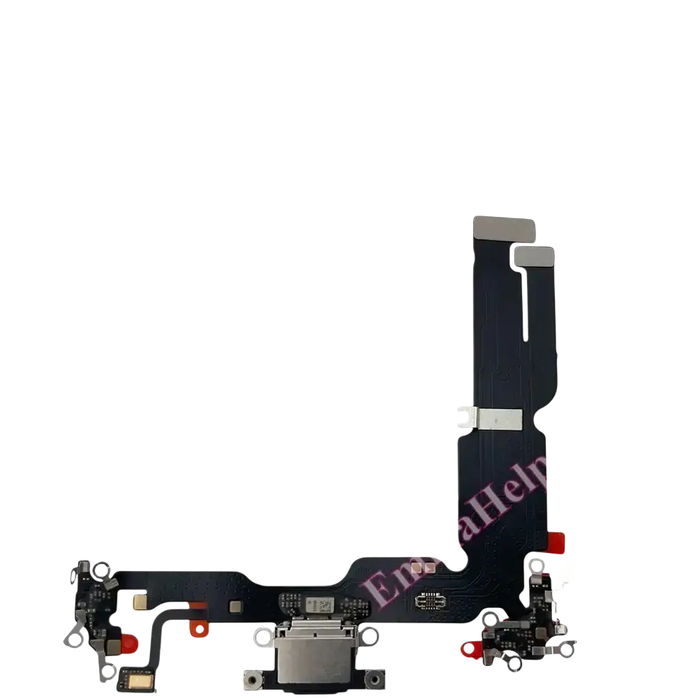 Charging port flex cable for iphone 16 pro max with black circuit board silver contacts and red plastic connectors