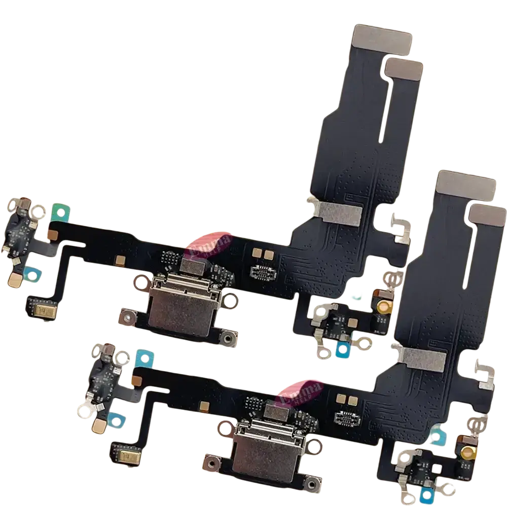 Black flexible charging port flex cable with gold and silver connectors and usb-c ports for iphone 16 pro max