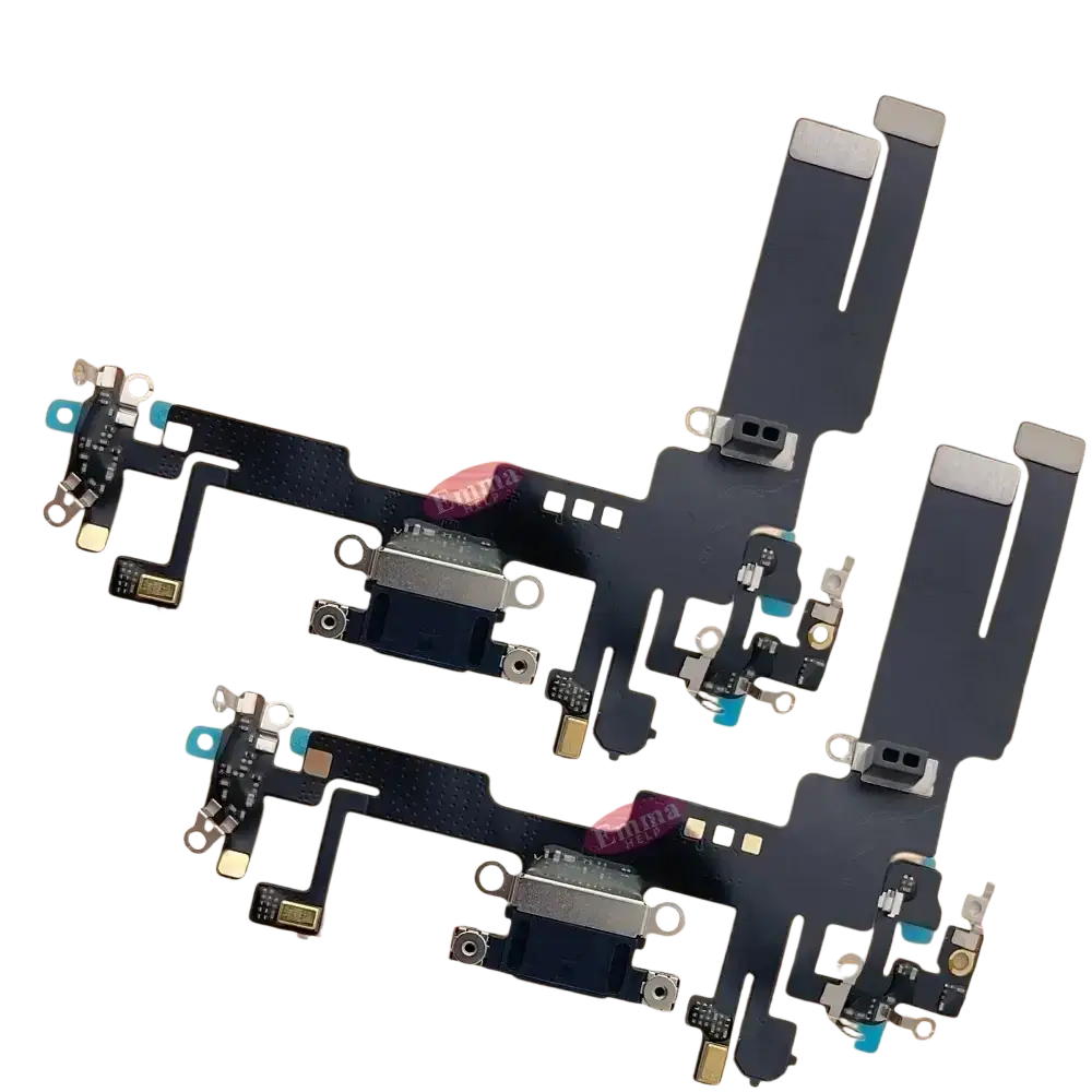 Black charging port flex cable for iPhone 16 Pro Max with gold connectors and silver metallic components