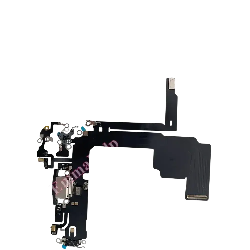 Black flexible charging port flex cable with metallic connectors and solder points for iphone 16 pro max