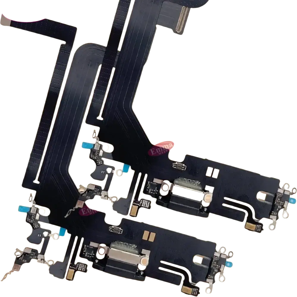 Black flexible charging port flex cable with gold connectors and components for iphone 16 pro max