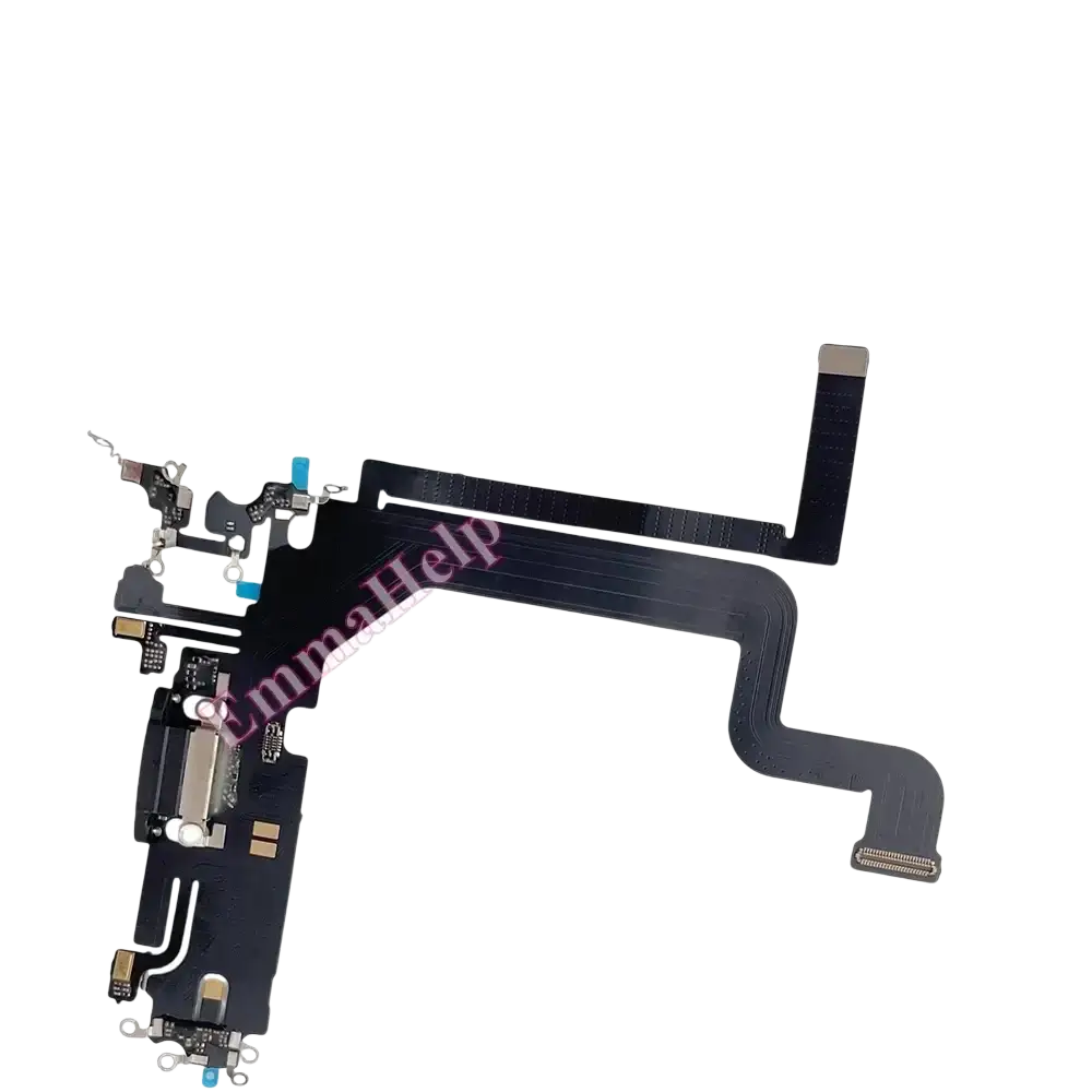 Black flexible charging port flex cable with gold connectors and blue tabs for iPhone 16 Pro Max curved design