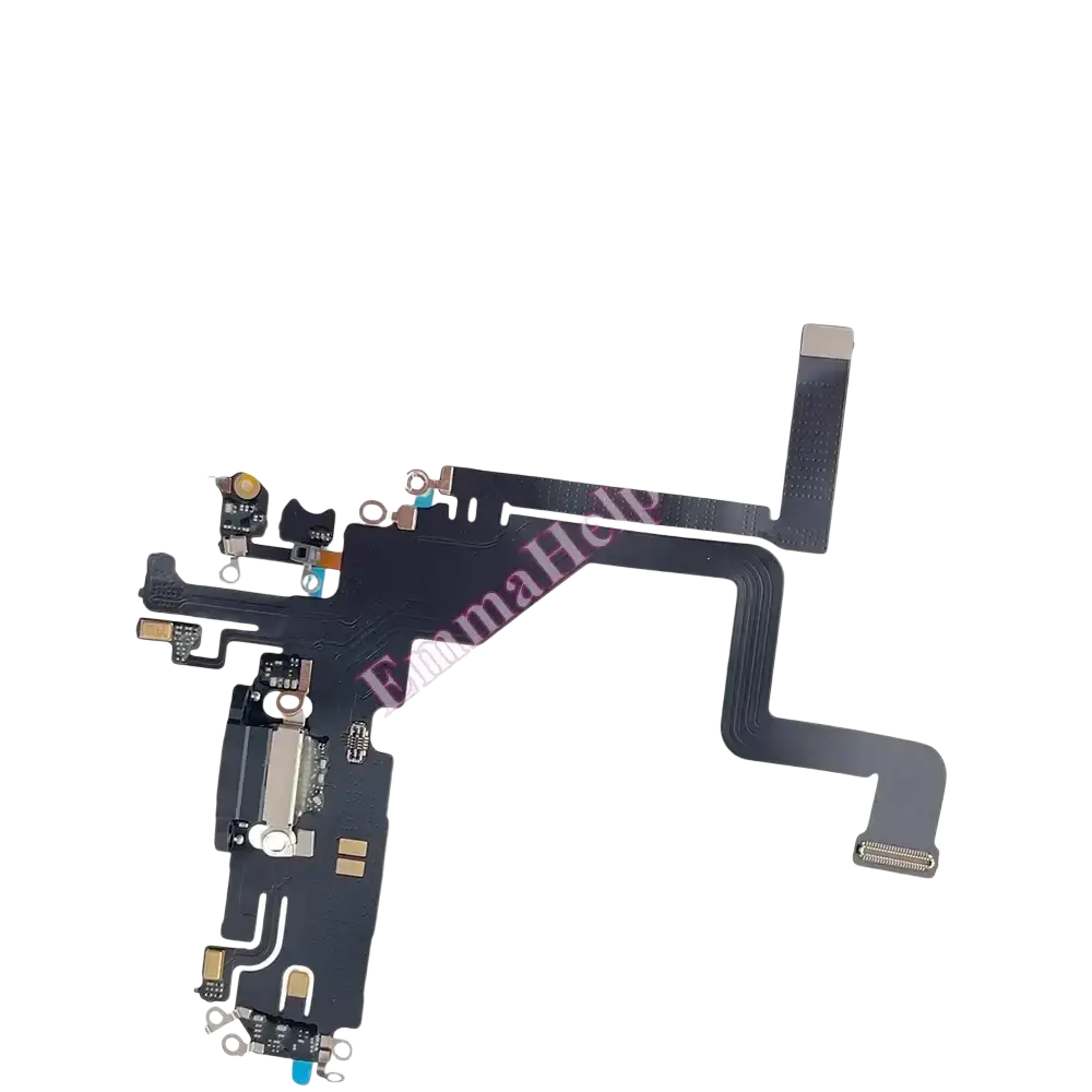 Black flexible charging port flex cable with gold and silver connectors and usb-c port for iPhone 16 Pro Max