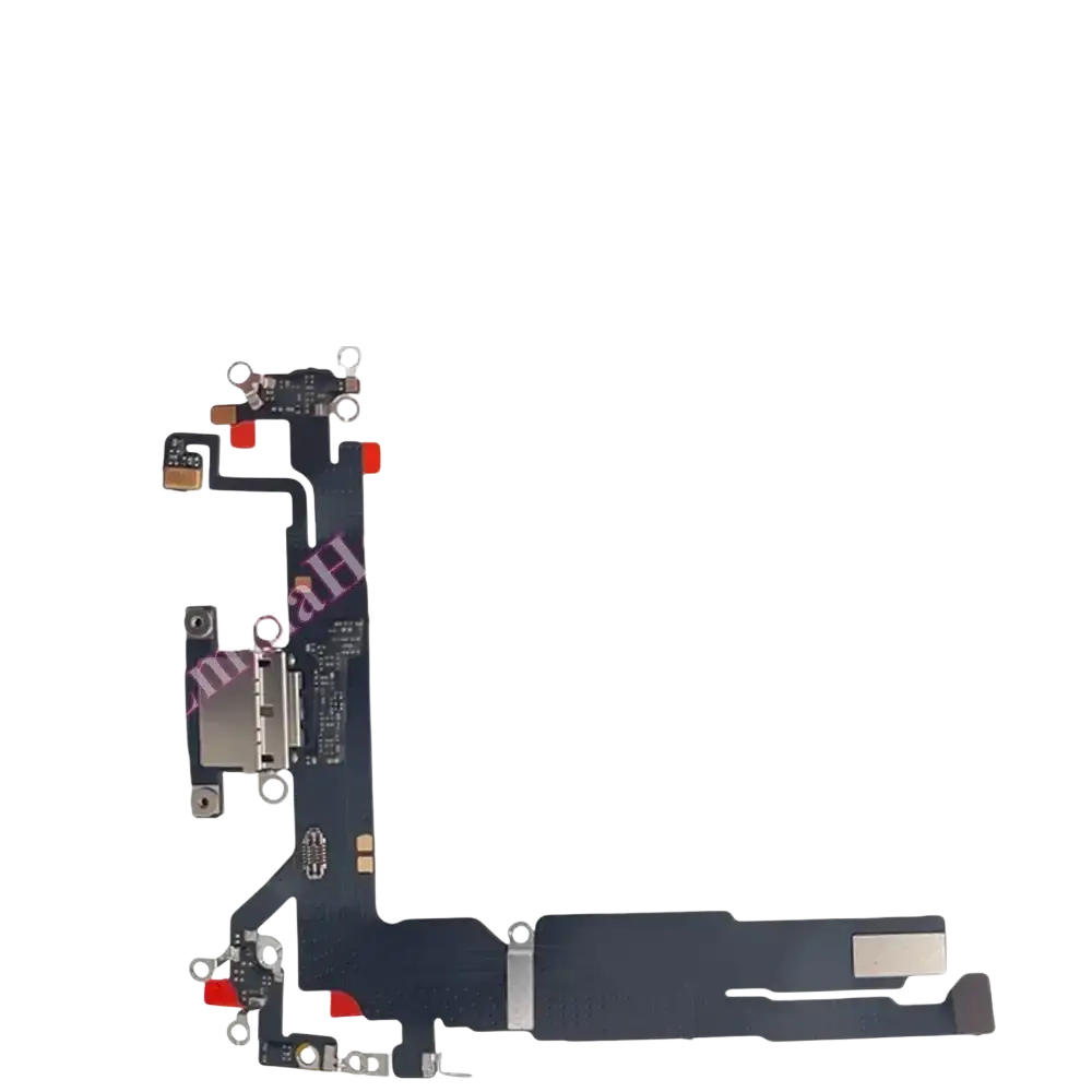 Black charging port flex cable with silver connectors and red components for iPhone 16 Pro Max backside view