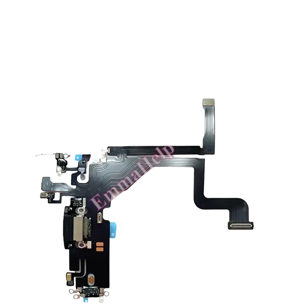 Black charging port flex cable with metallic connectors and blue capacitors for iphone 16 pro max internal use