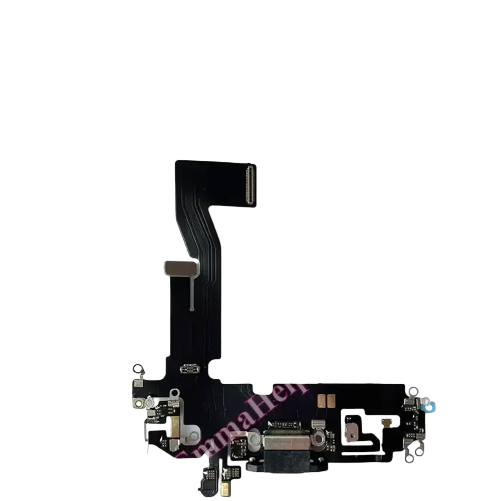 Black flexible charging port flex cable for iPhone 16 Pro Max with metallic connectors and USB-C port