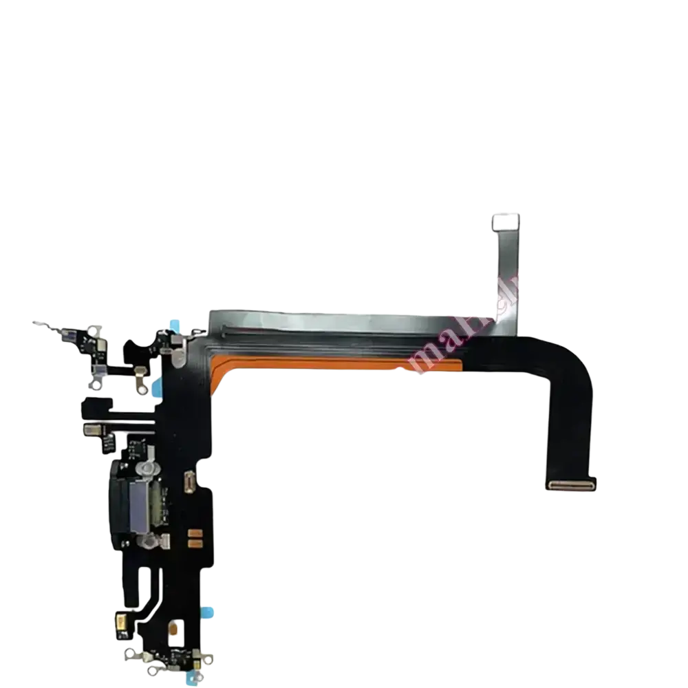 Black and orange flexible charging port flex cable for iphone 16 pro max with metallic connectors and solder points